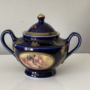 Porcelain Cobalt & Gold Sugar Bowl Golden Star Imports